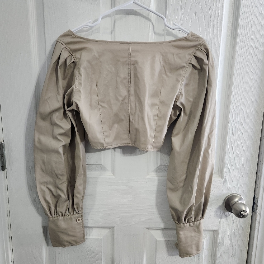 Coquette milkmaid corset beige cropped faux leather balloon statement sleeve SM - Picture 9 of 10